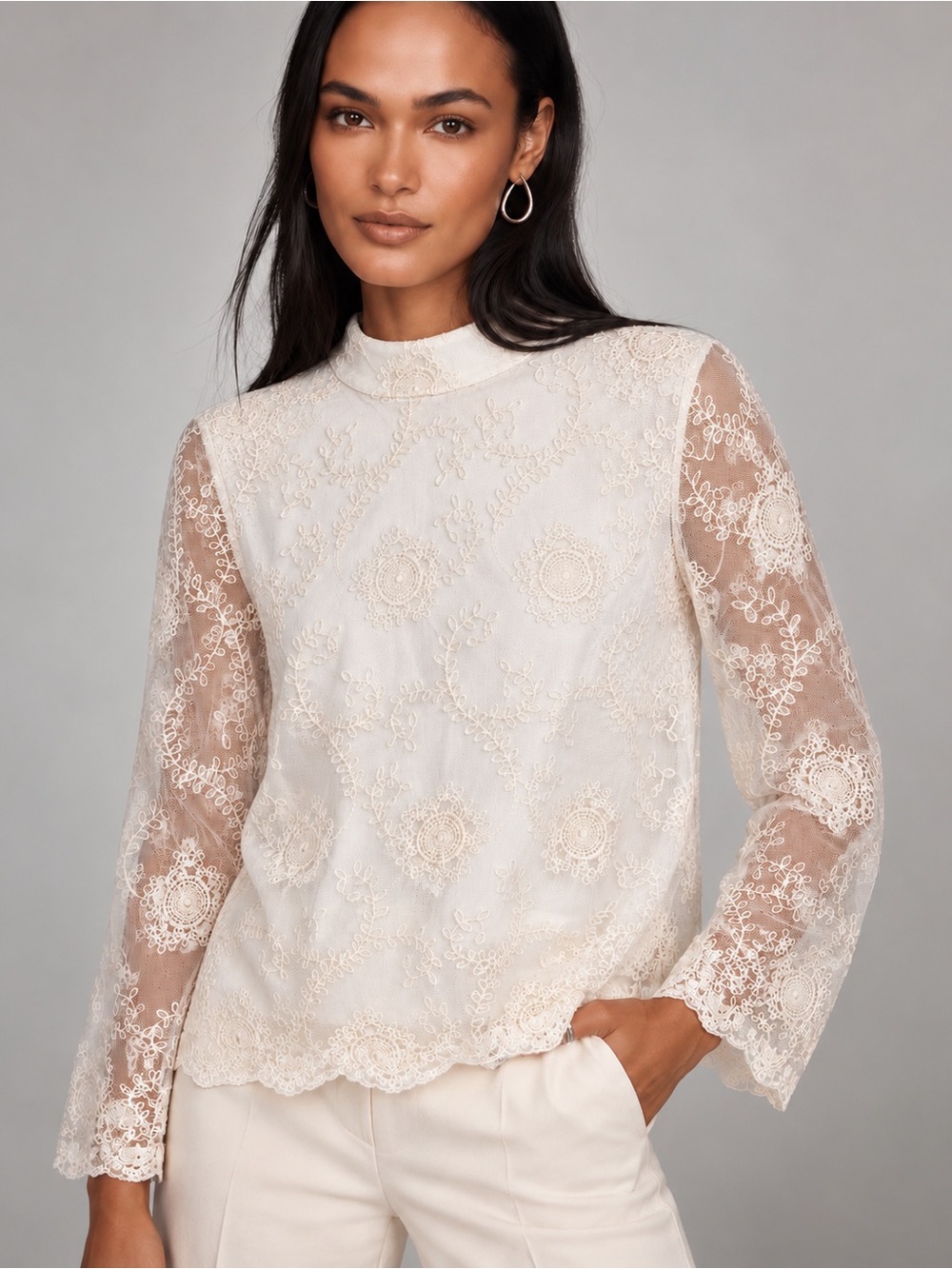 Chico’s White Embroidered Mesh Lace Blouse Sheer Sleeve Size 1 or M 8-10 Boho